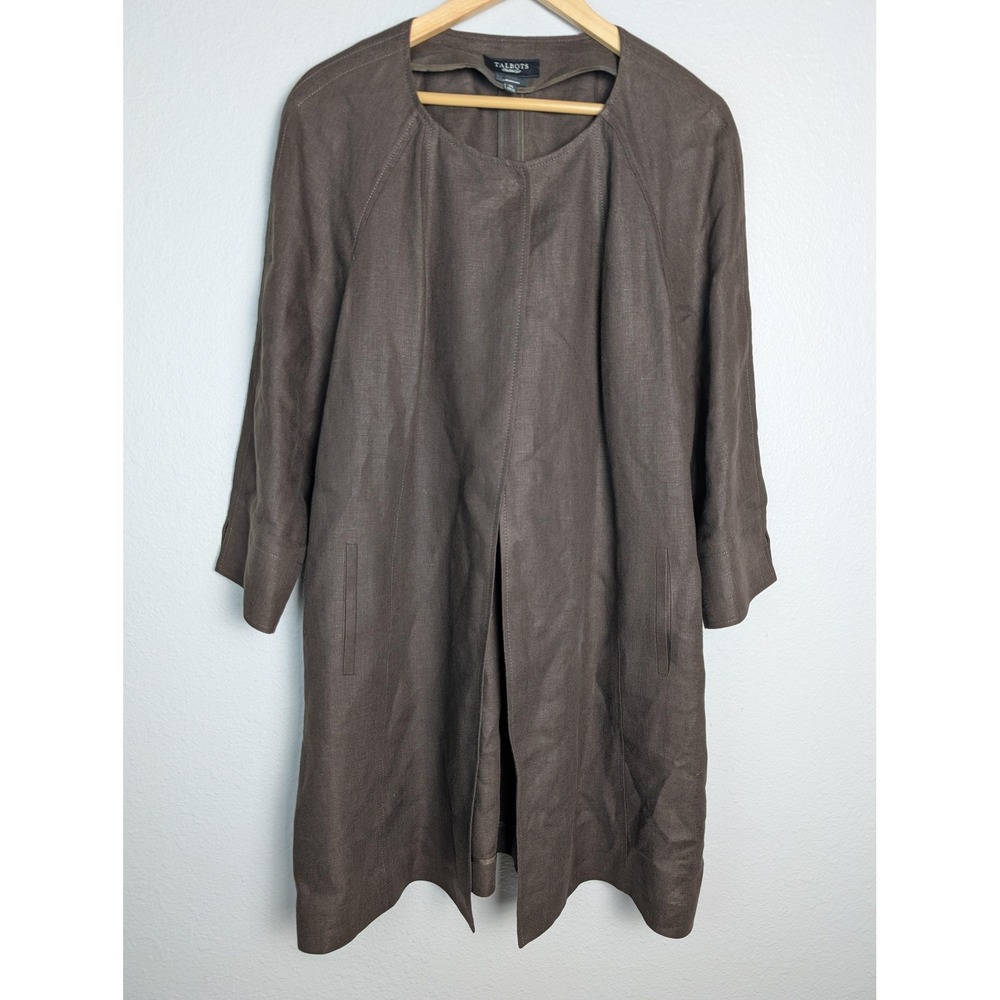 Talbots Coat Womens XL Brown Linen Overcoat Collarless Pockets Unlined